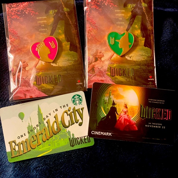 LIMITED EDITION WICKED Glinda & Elphaba Pin Set and (2) WICKED GIFT CARDS - Picture 2 of 3